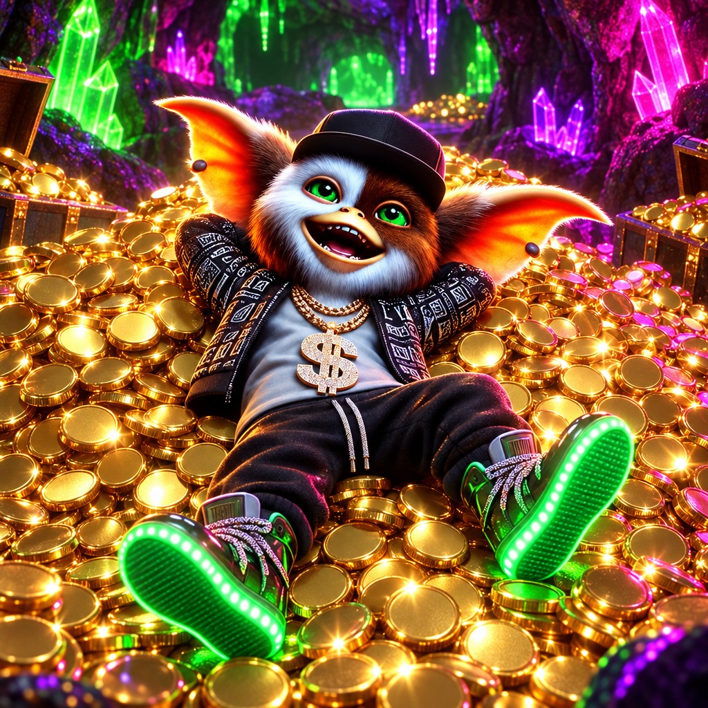 Pookie lounging on a pile of gold coins