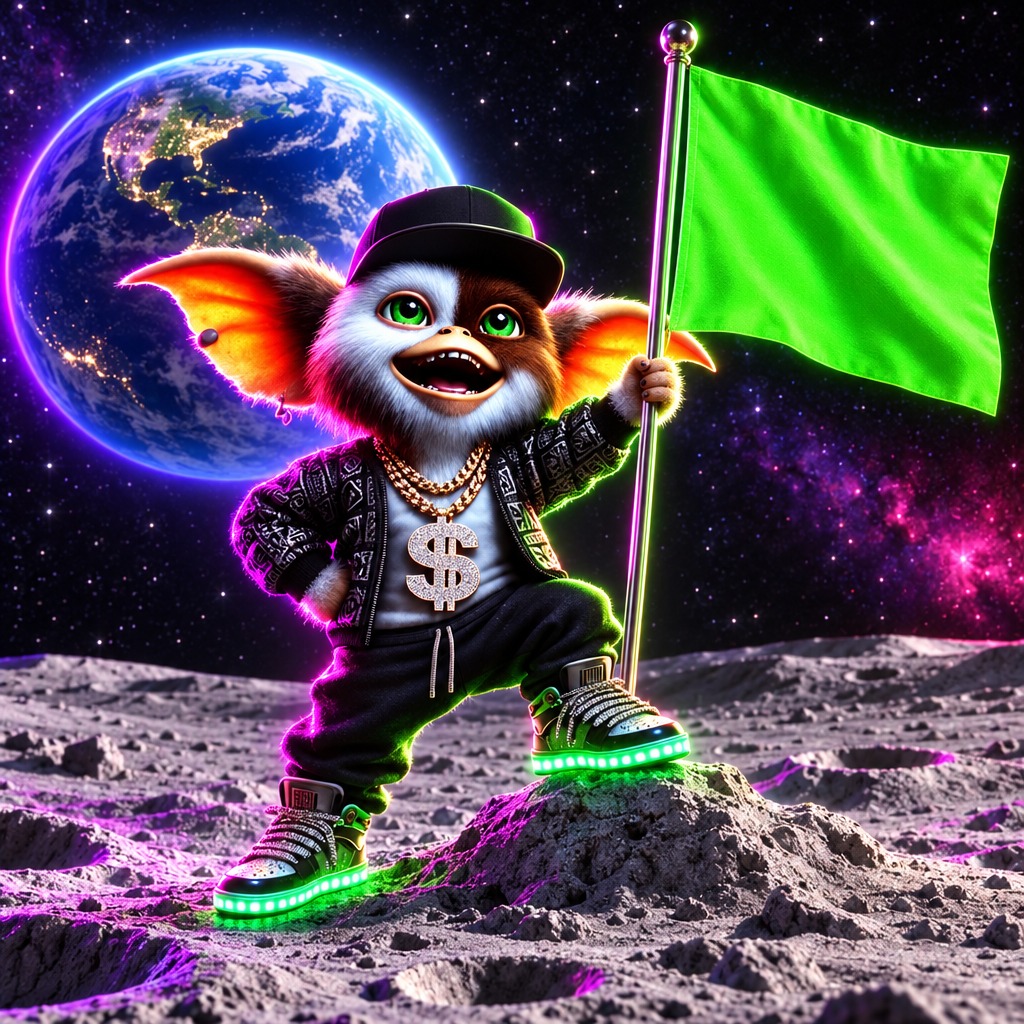 Pookie planting a neon green flag on the moon