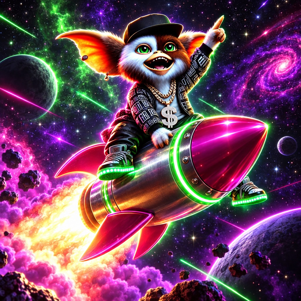 Pookie riding a rocket through a neon starry sky