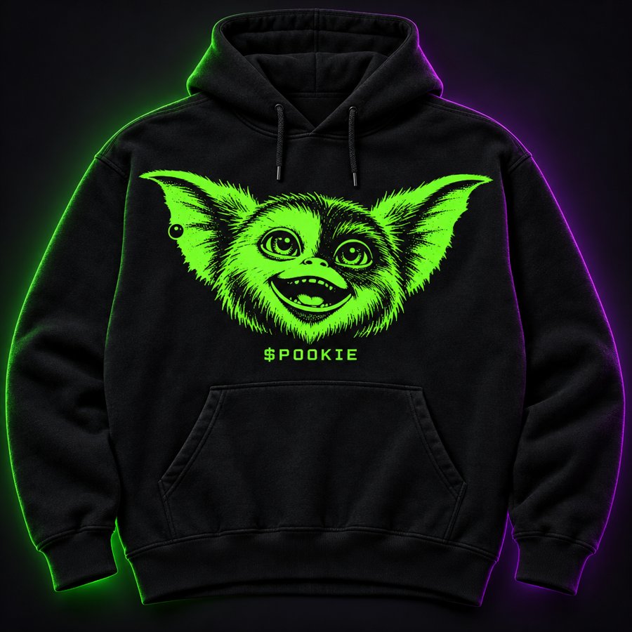 Black POOKIE hoodie with a neon green gremlin face print and $POOKIE text