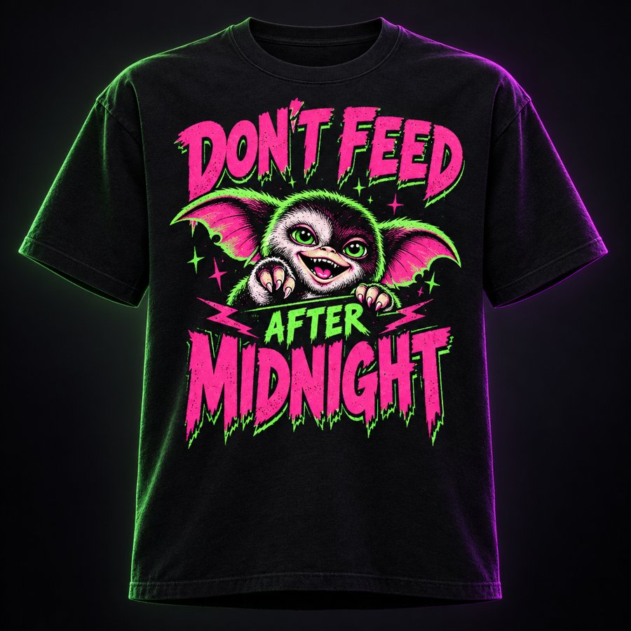 Black t-shirt printed with DON'T FEED AFTER MIDNIGHT in pink and green with a gremlin illustration