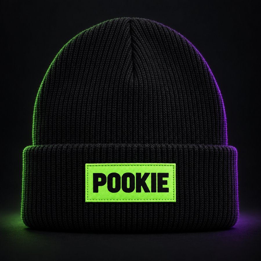 Black cuffed knit beanie with a neon green POOKIE label patch