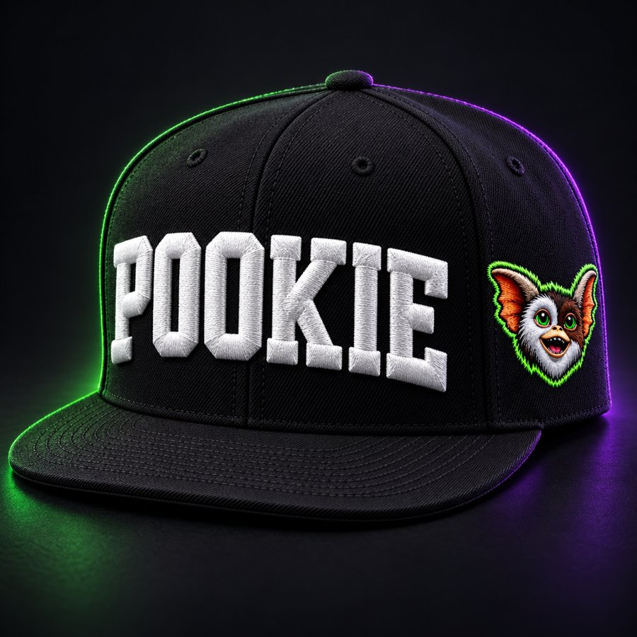 Black flat-brim snapback with white 3D POOKIE embroidery and a gremlin face side patch