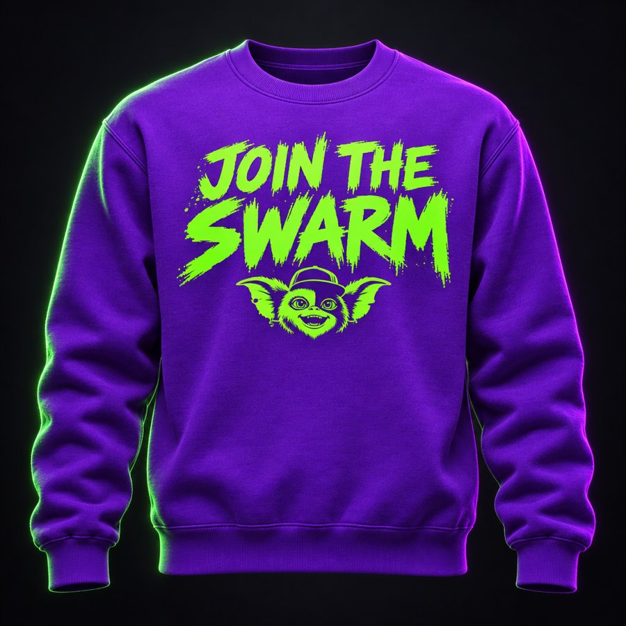 Purple crewneck sweatshirt printed with JOIN THE SWARM in neon green